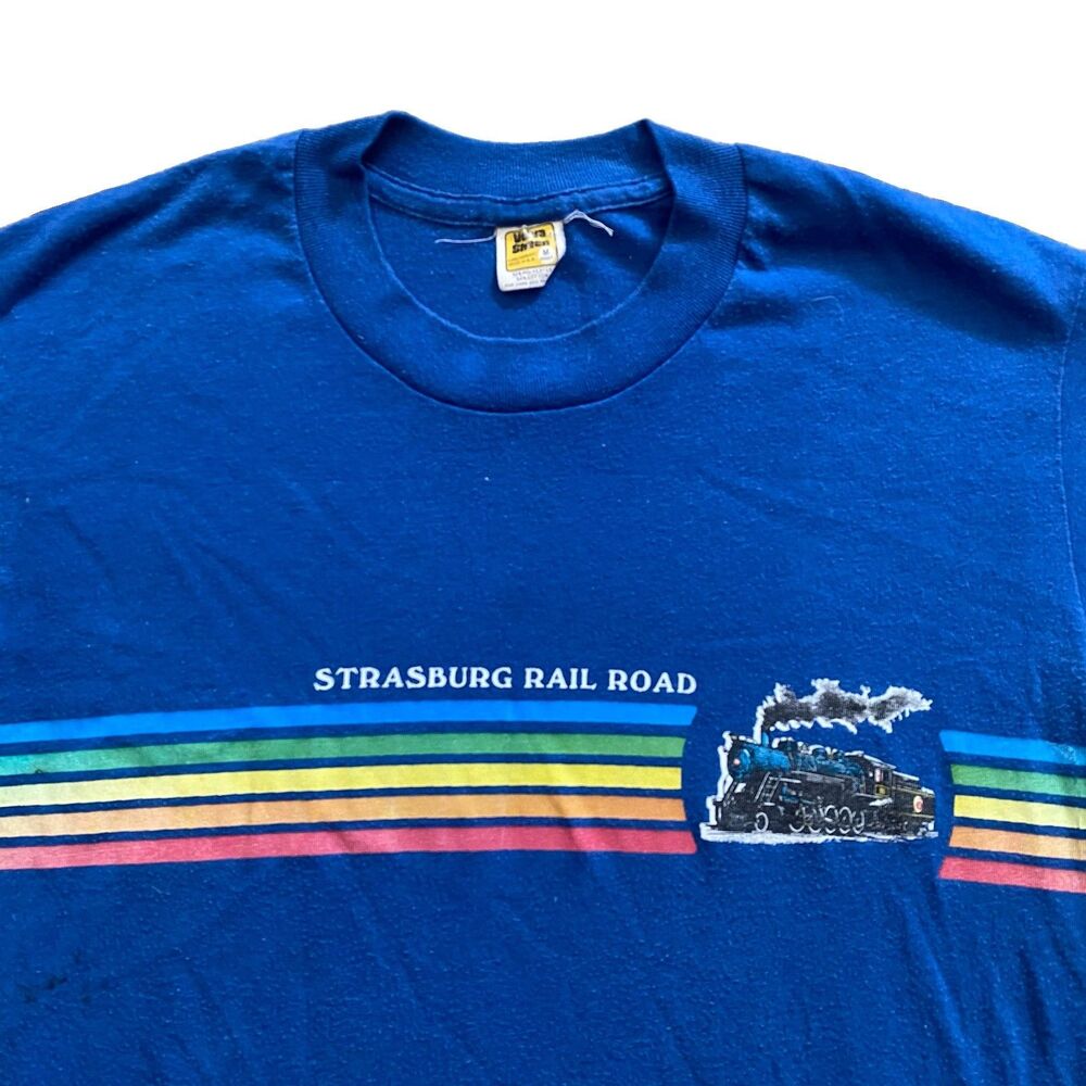 80s Velva Sheen Strasburg Railroad T Shirt Vintage Medium Blue Rainbow Train